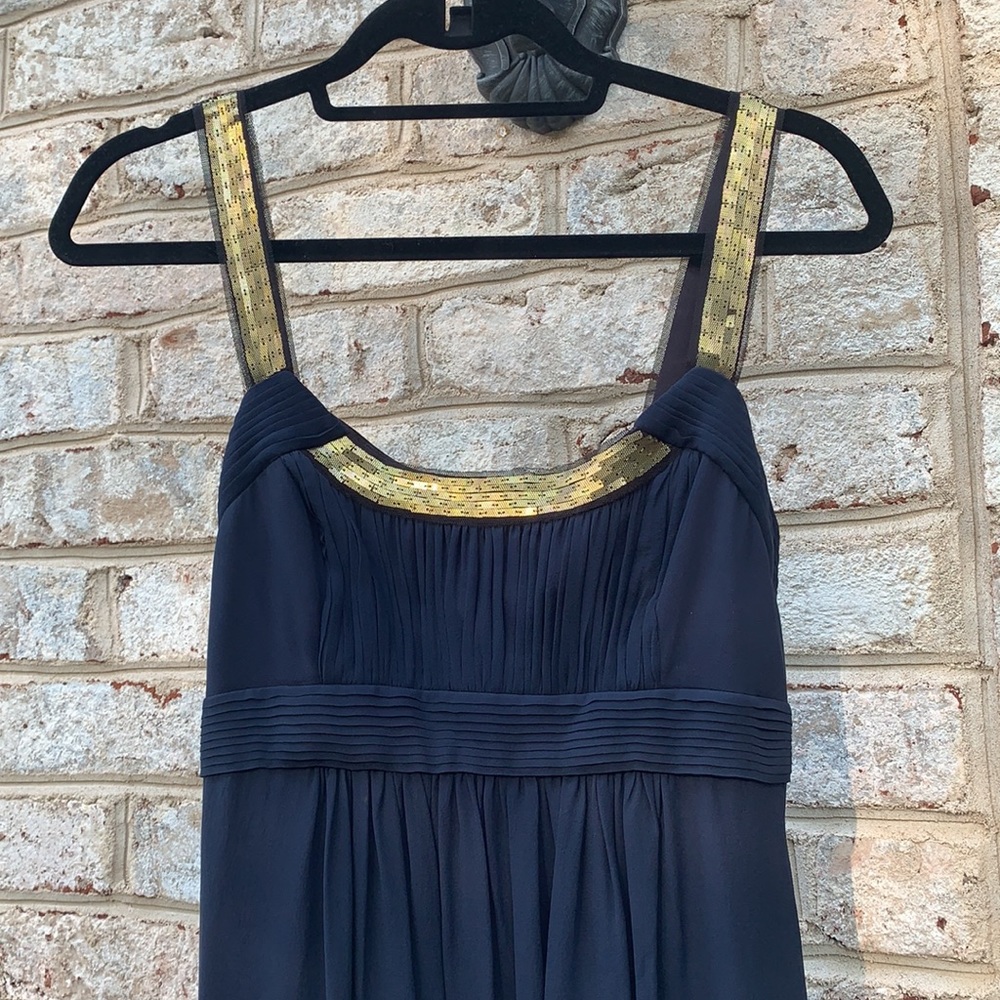 BCBG Max Azria Navy Silk Gold Sequin Gown 6P